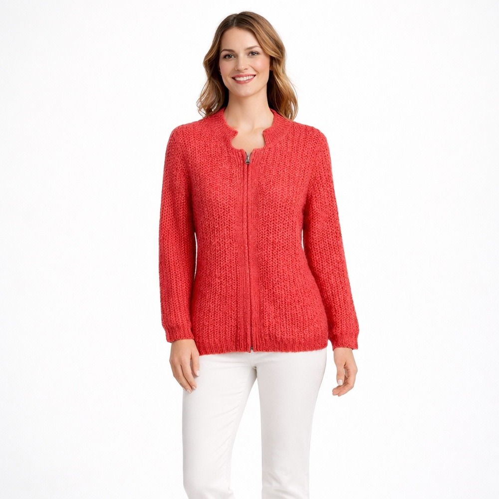 CAbi mohair and wool‎ blend chunky knit full-zip dark coral cardigan sweater S